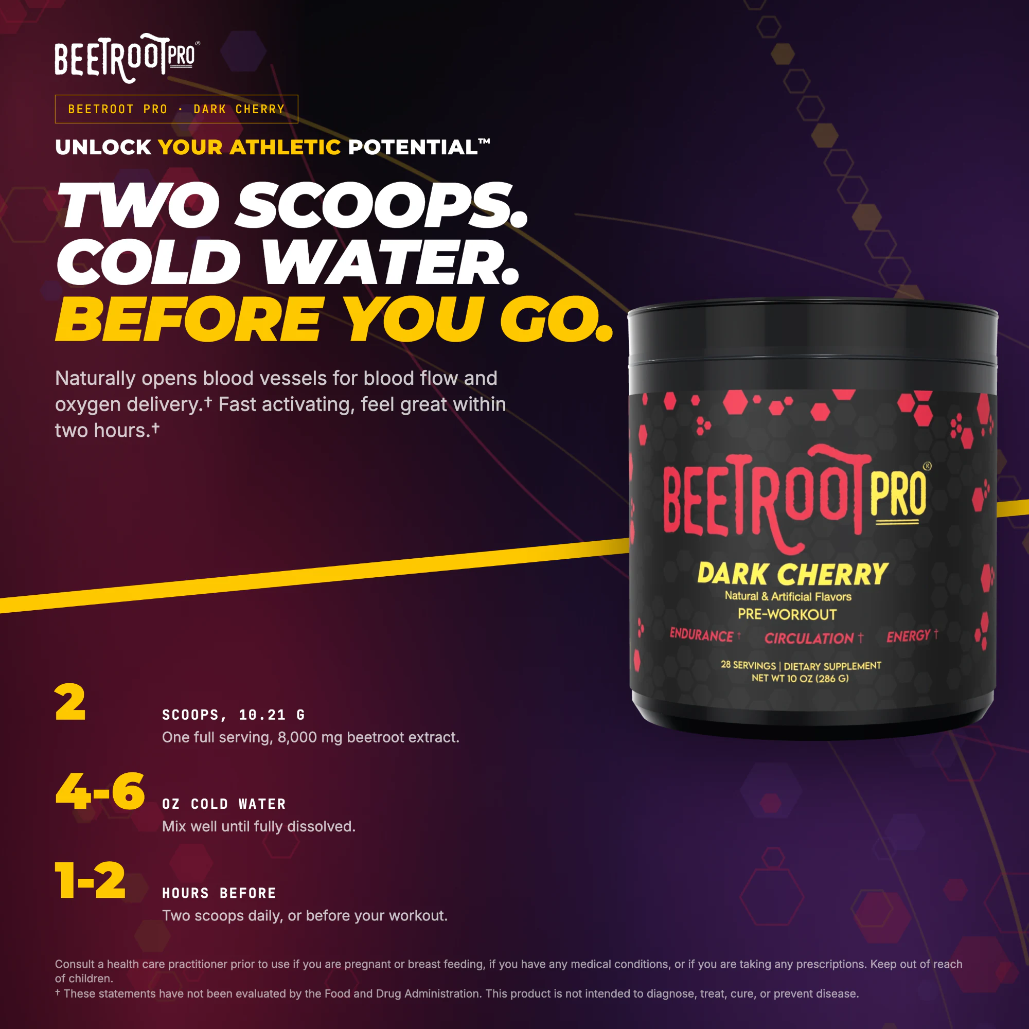 Beetroot Pro mixing directions: two scoops in cold water, 1 to 2 hours before training