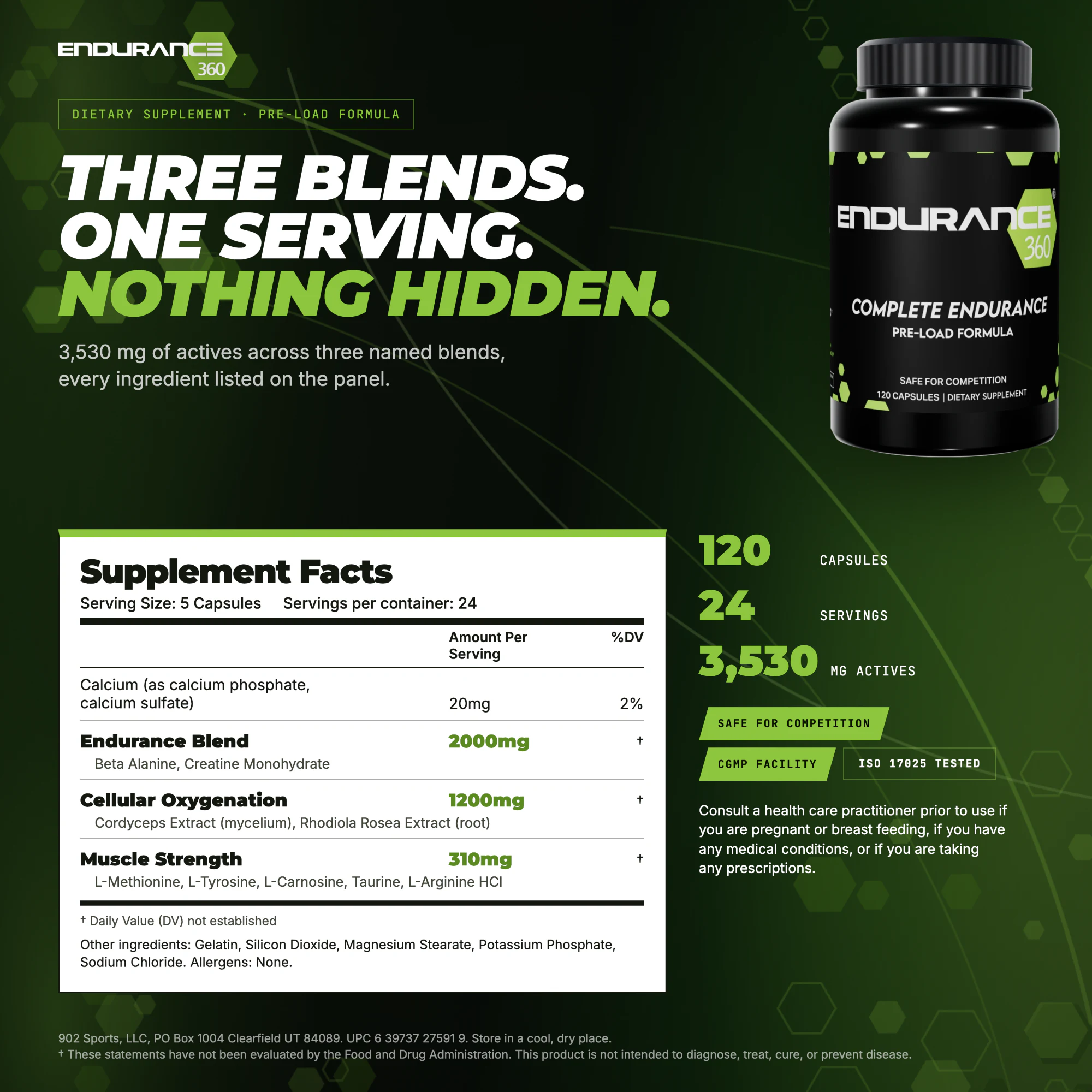 Endurance360 three blends supplement facts: Endurance Blend, Cellular Oxygenation, Muscle Strength
