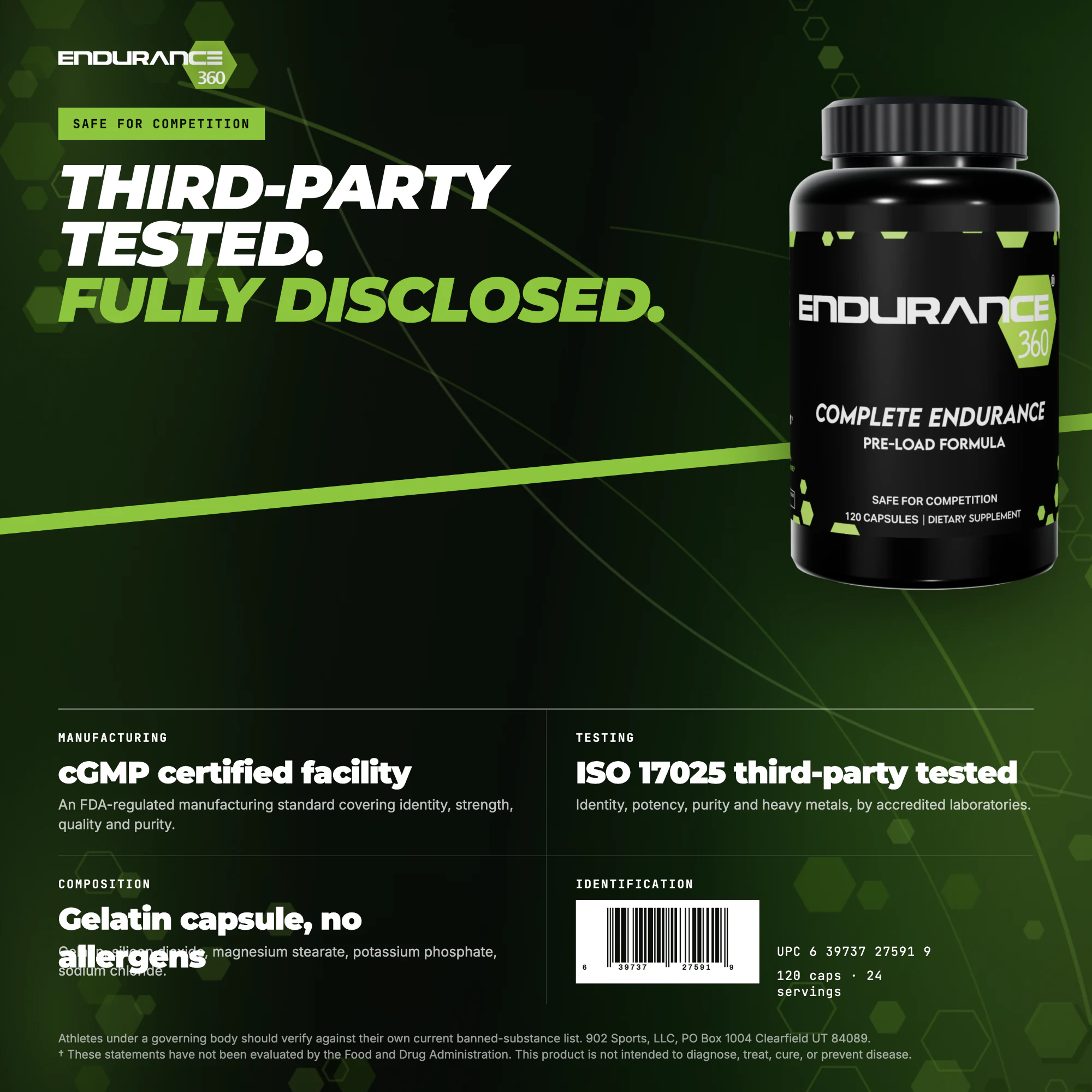 Endurance360 manufacturing and testing: cGMP certified facility, ISO 17025 third-party tested