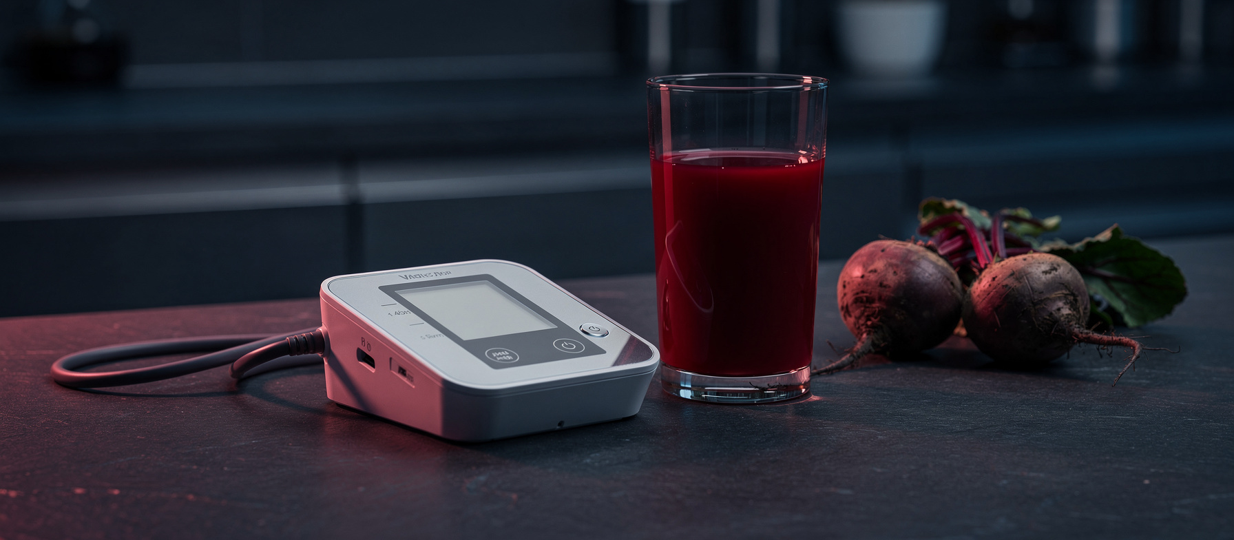 Blood pressure cuff beside a glass of beetroot juice and raw beets on a dark countertop
