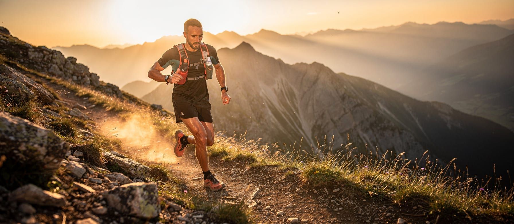 Trail runner ascending a mountain switchback at golden hour wearing a hydration vest