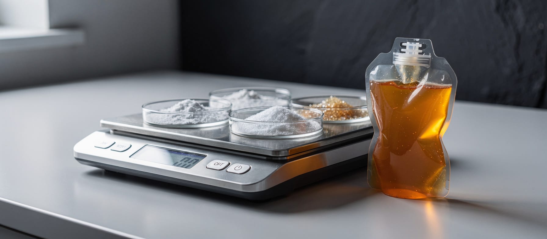 Food-grade lactate salts and hydrocolloid powders weighed out on a laboratory scale next to an energy gel flask