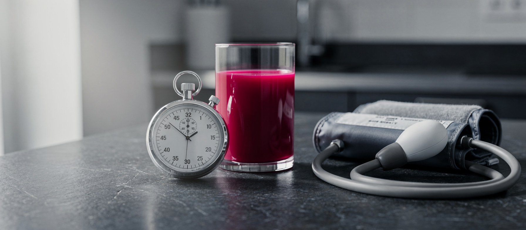 Stopwatch beside a glass of beetroot juice and a blood pressure monitor on a dark countertop